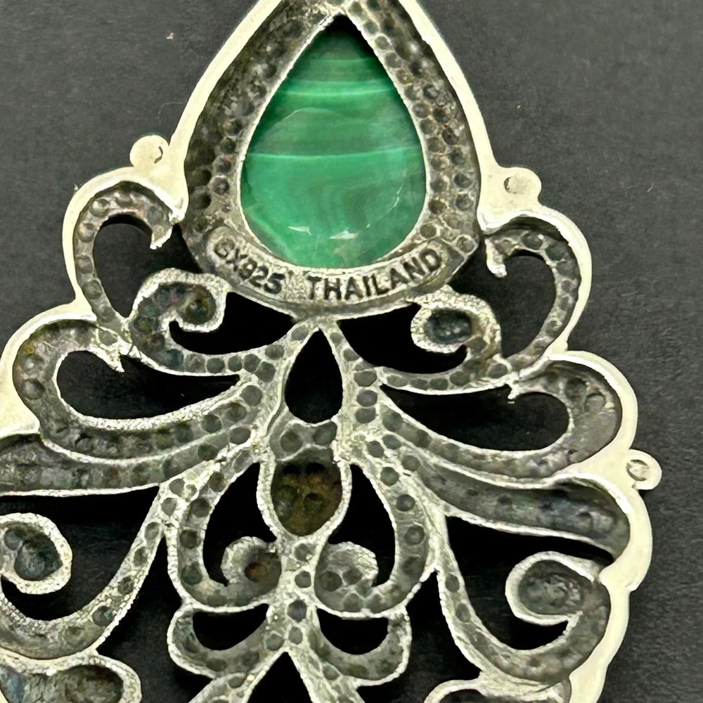 Vintage 925 Sterling Silver Malachite Teardrop Stone Filigree Pendant Thailand